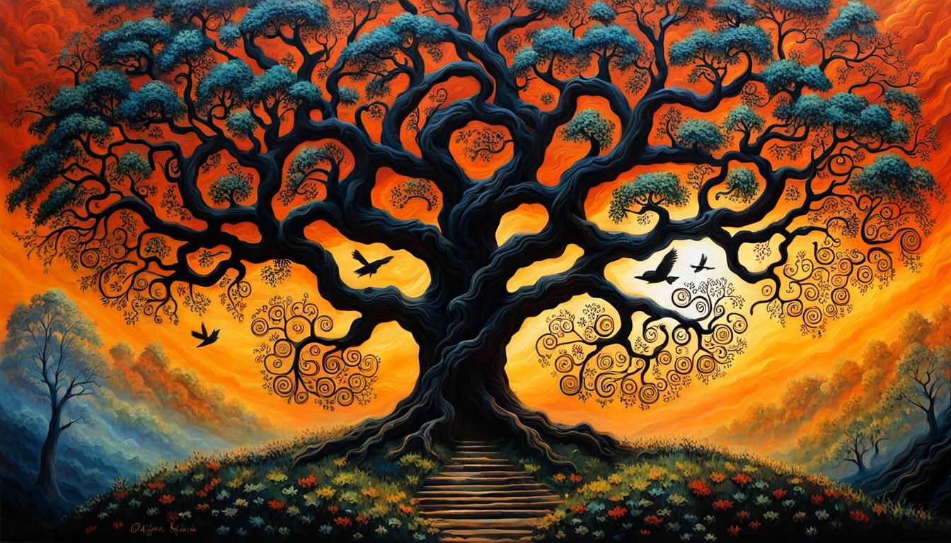 Majestic Tree of Life in Eerie Folk Art Style