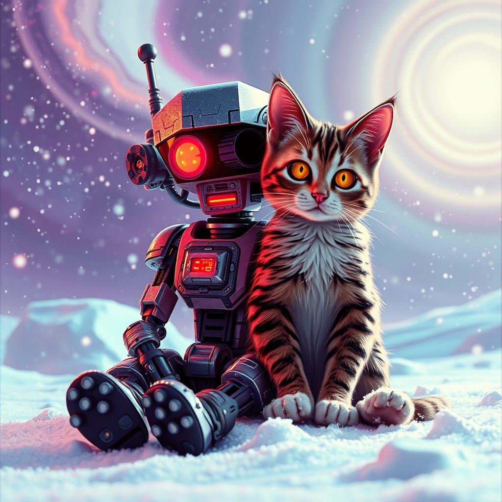 Robot and Kitty in Dreamy Cosmic Winter Landscape