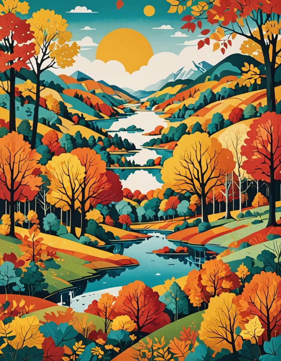 Autumn Landscape Paper Collage in Pop Art Style