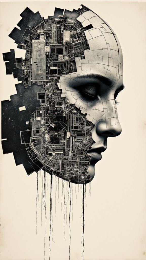Surrealist Mechanical Head Collage in Atomic Age Style