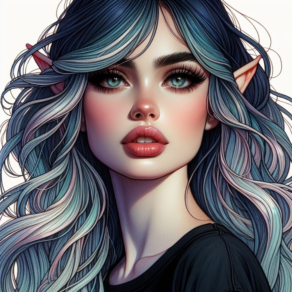 Elven Woman with Aqua-to-Navy Balayage Hair