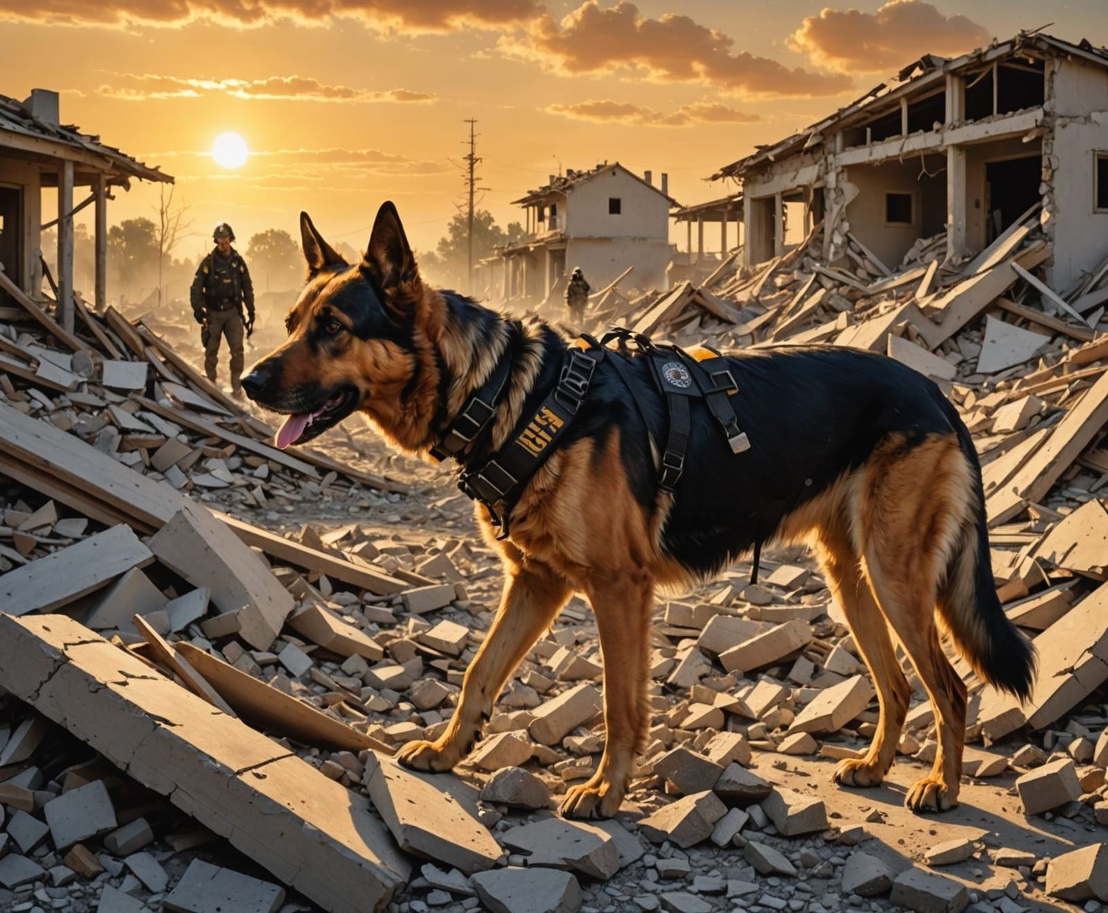 Search-and-rescue K9 digging through rubble after an earthqu...