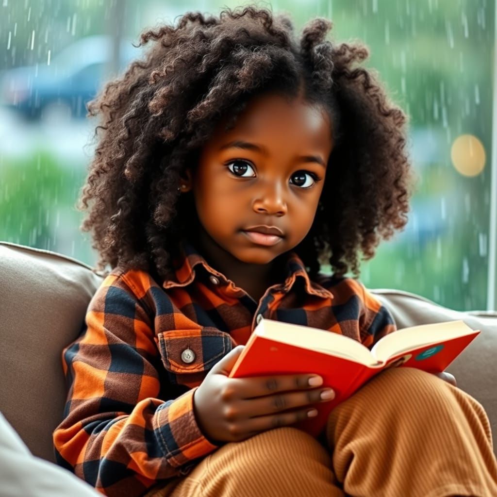 Black Woman Reading by Rainy Window in Cozy Style