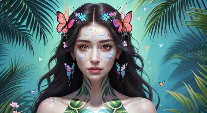 Hyperrealistic Woman Portrait with Butterflies and Flowers