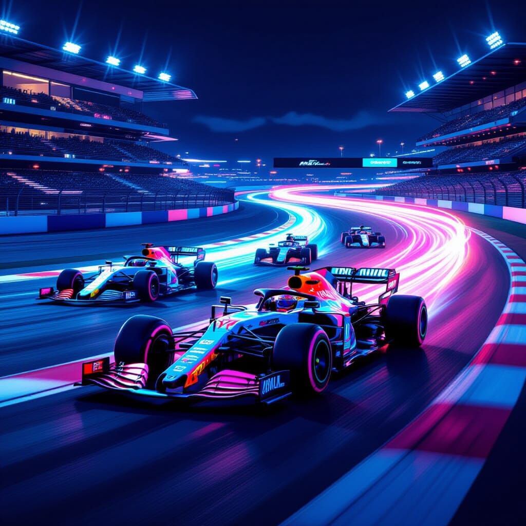 Formula 1 Cars with Neon Light Streaks on Night Track