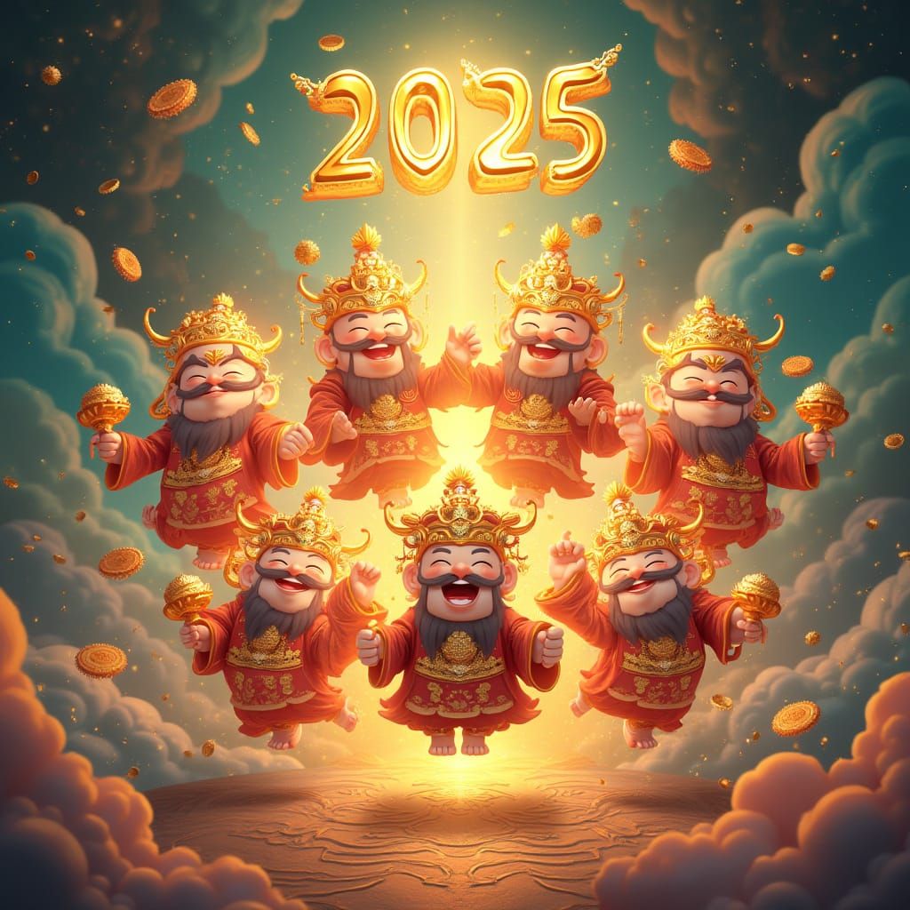 Vibrant Cartoon-Style Illustration of Chinese Gods of Wealth...