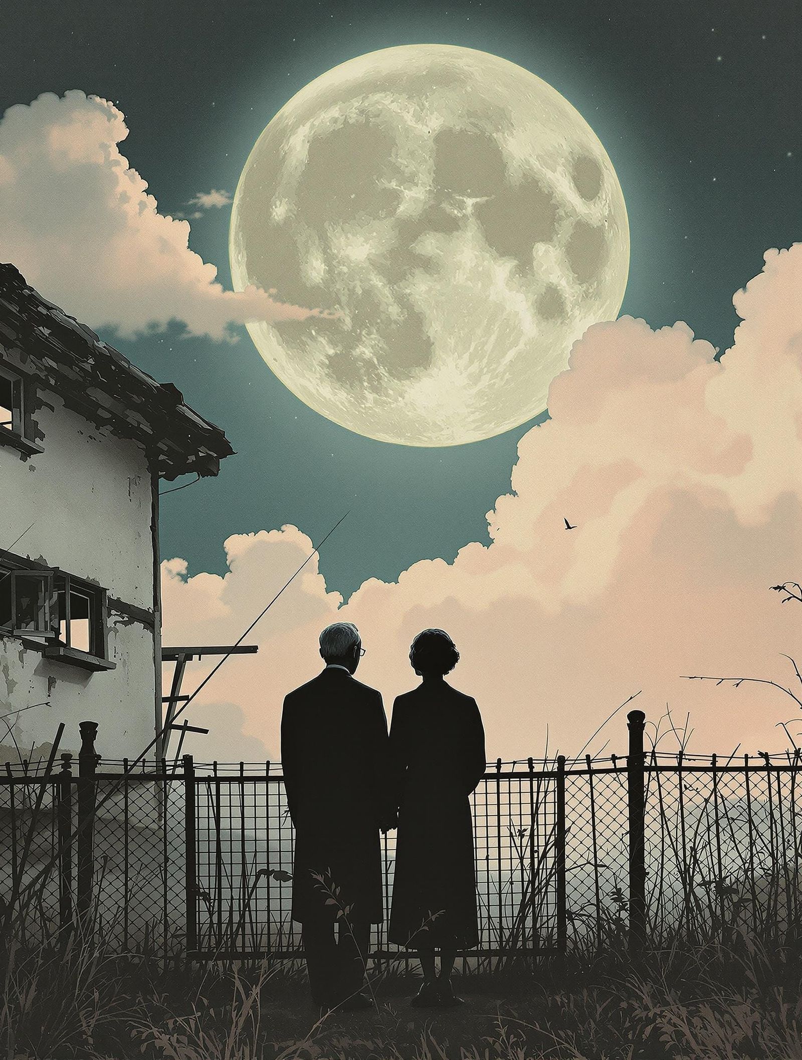 Elderly Couple Silhouetted Under Vintage Moonlit Sky in Wate...