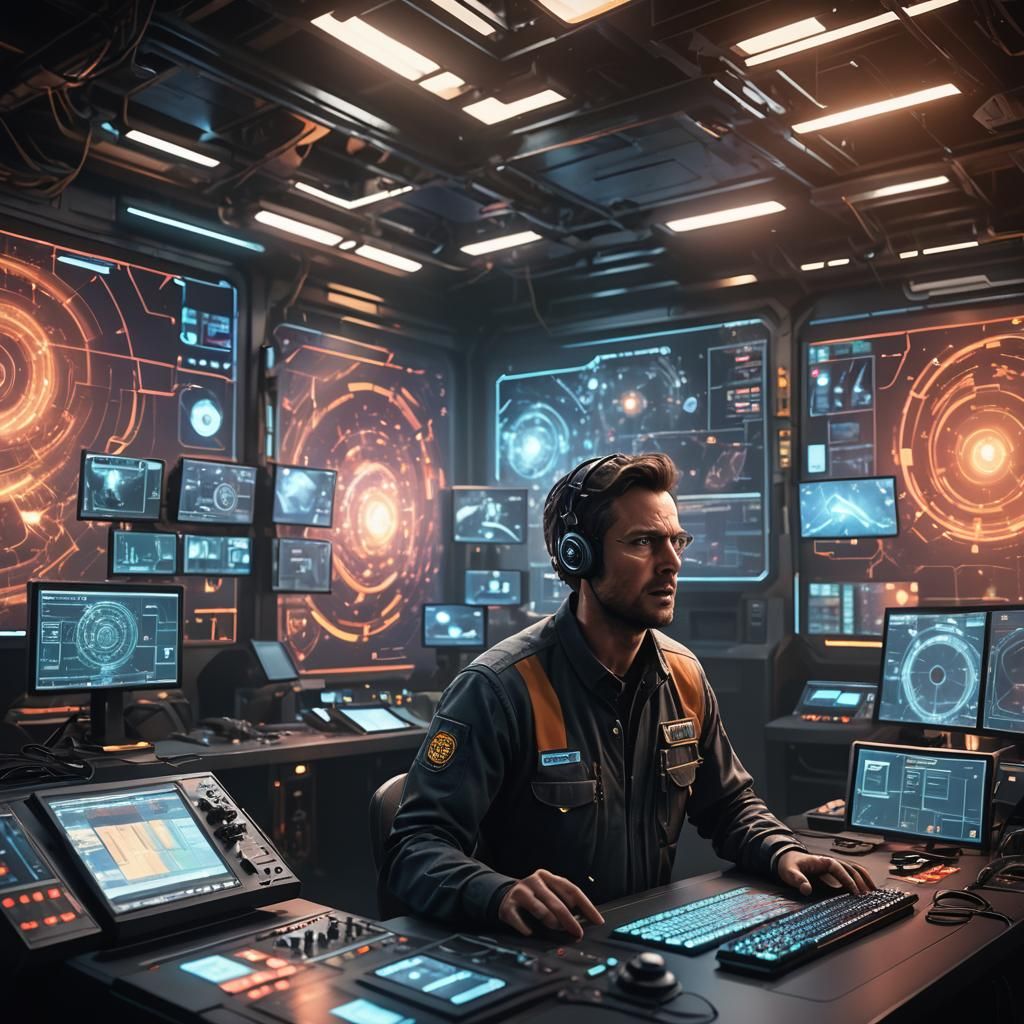 Engineer Surprised by Holographic AI Anger, Detailed Paintin...