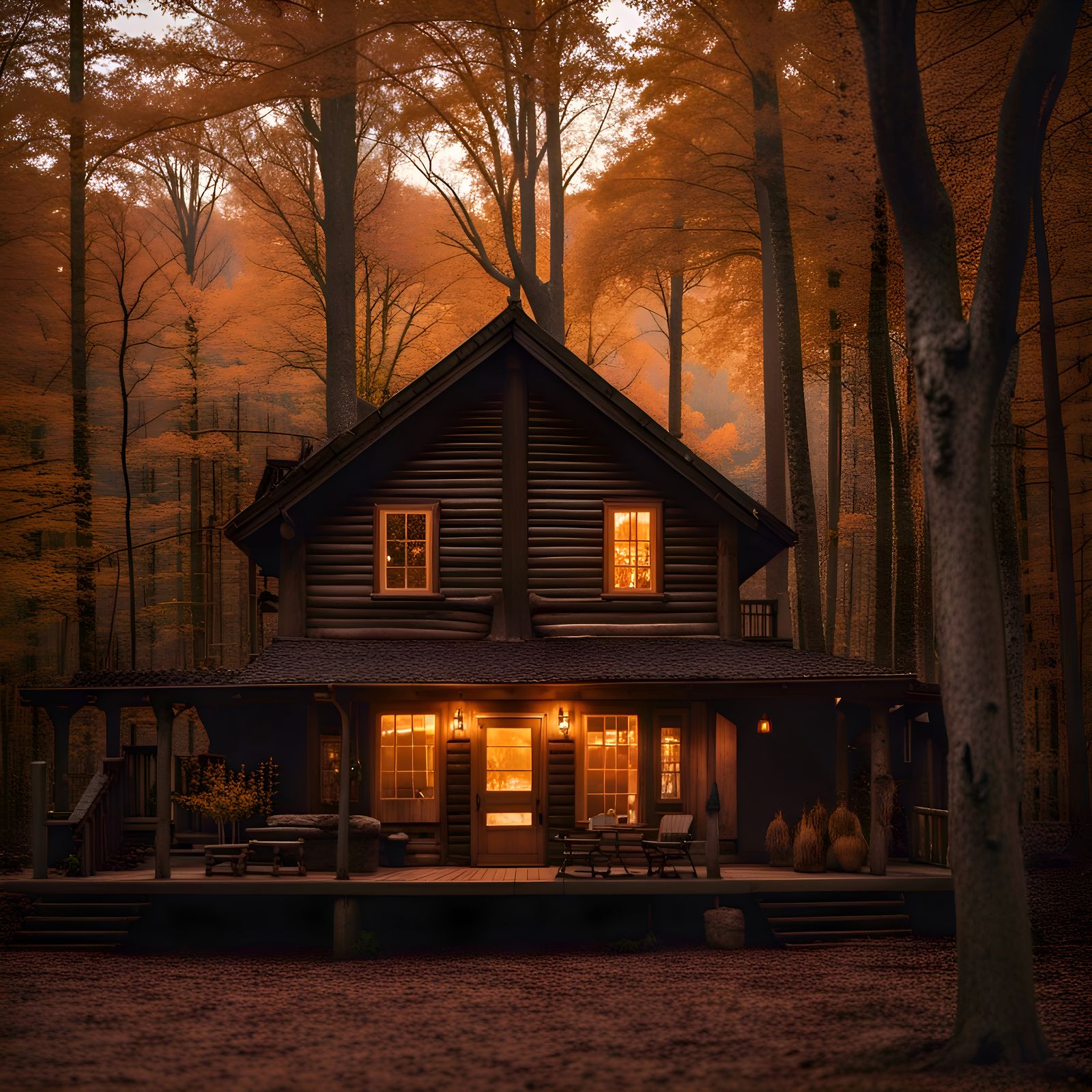 Autumn Log Cabin in the Woods at Dusk