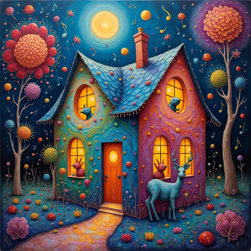 Vibrant Synchromist House Alive with Music and Animals