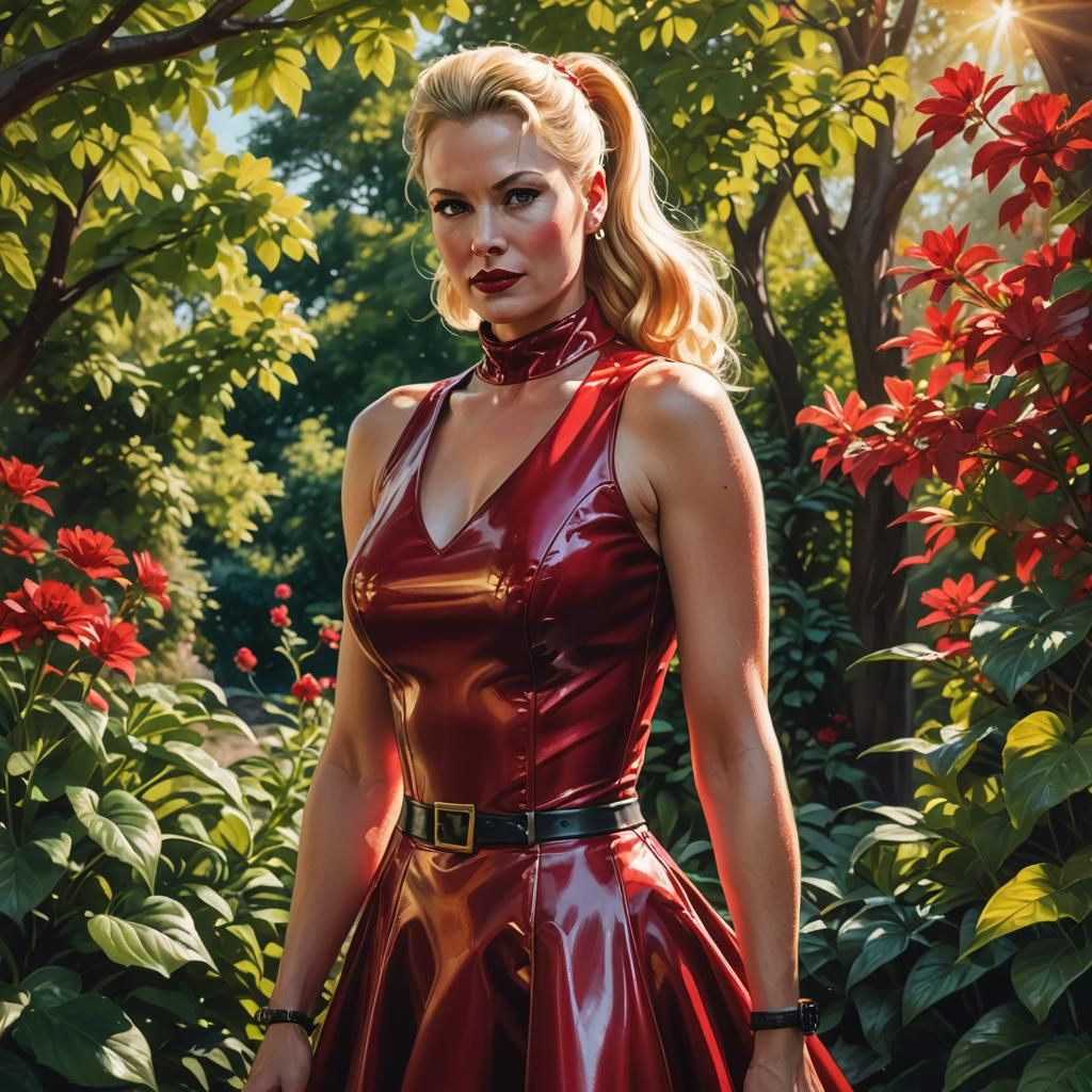 Blonde Woman in Red Latex Dress Pin-Up Illustration
