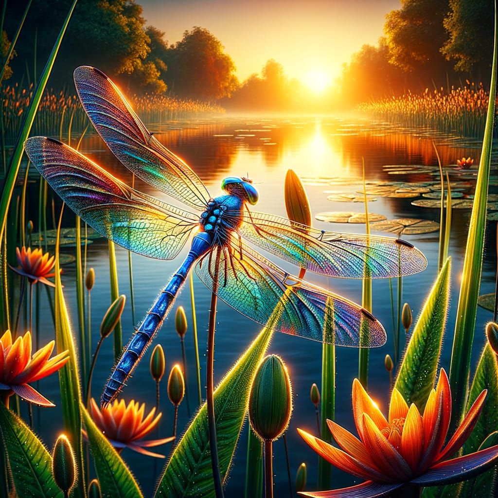 Hyper-Realistic Dragonfly at Sunset Lake