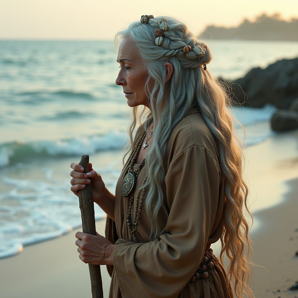 Ethereal Beach Scene of Elderly Woman in Matte Painting Styl...