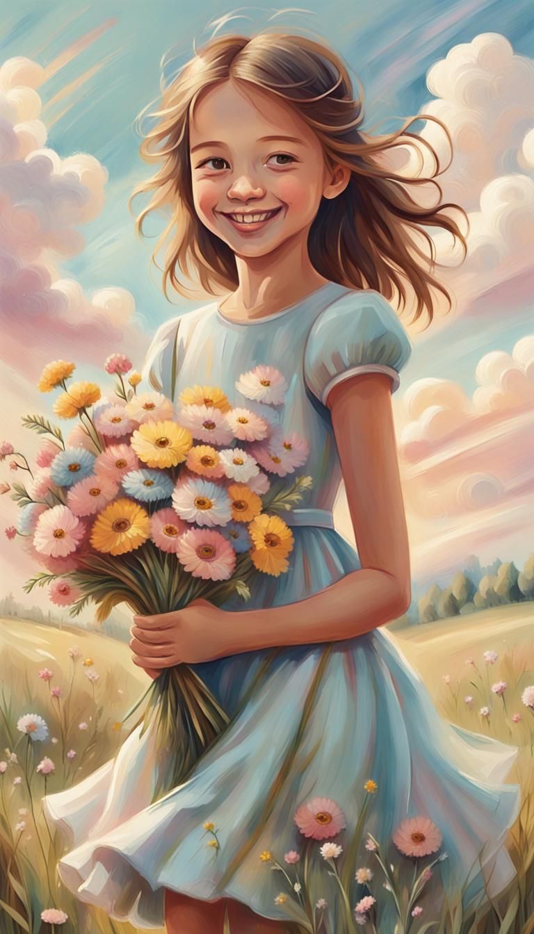 Girl with Flowers: Whimsical Impasto Folk Art