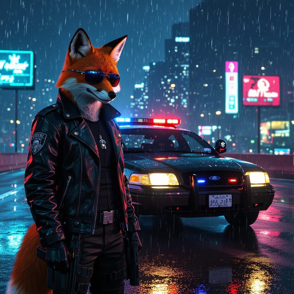 Cyberpunk Fox Officer on Night City Highway