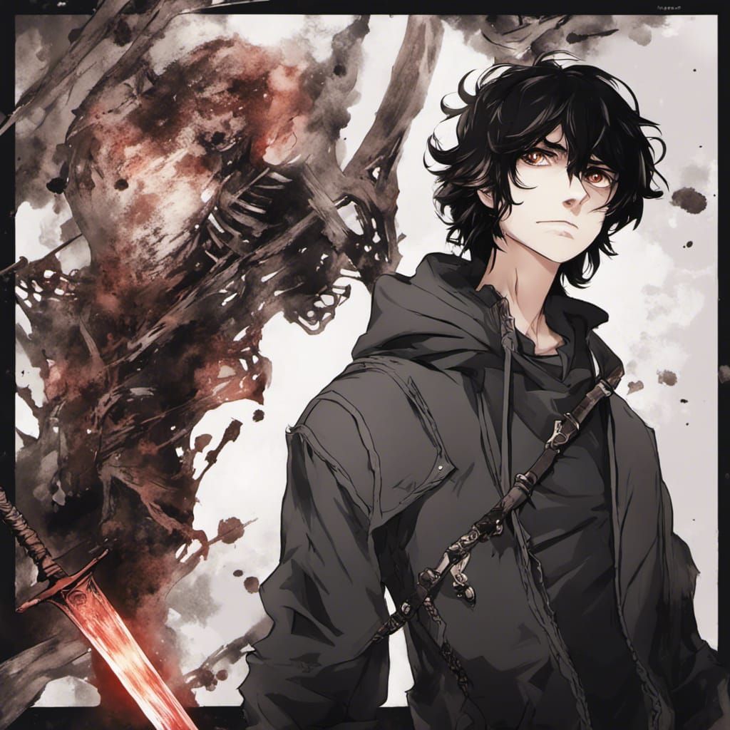 Nico Di Angelo with Stygian Iron Sword in Anime Style