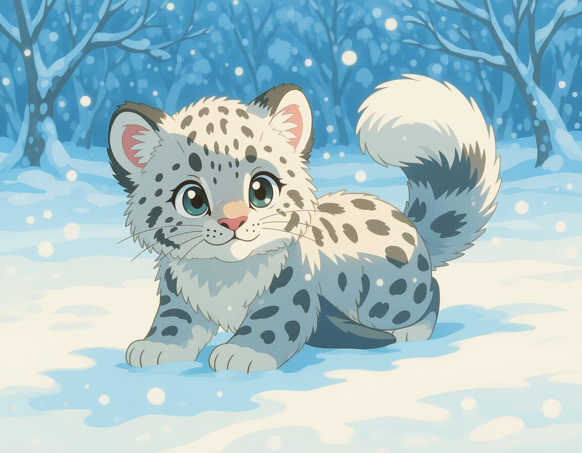 Anime Chimera Cub Plays in Snowy Field