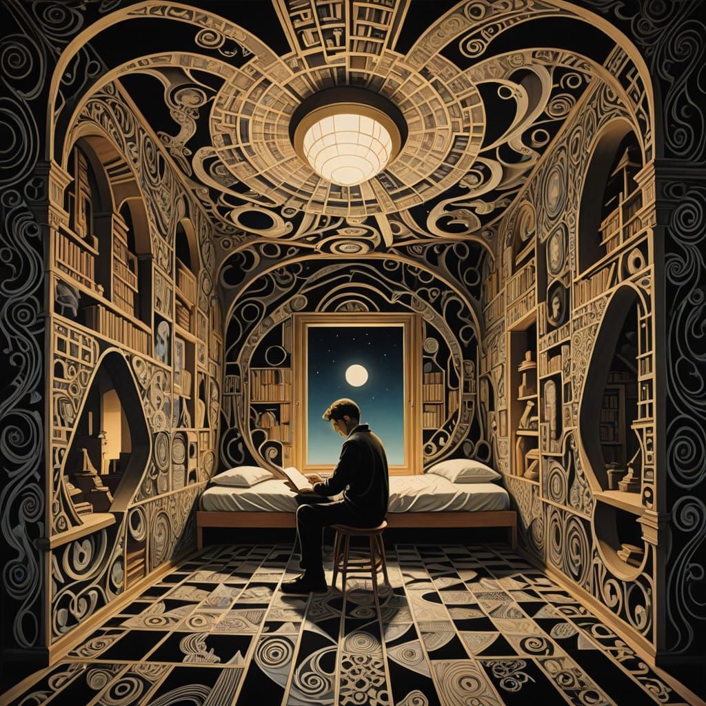 Golden Glow Silhouettes a Young Boy Reading in a Dimly Lit R...