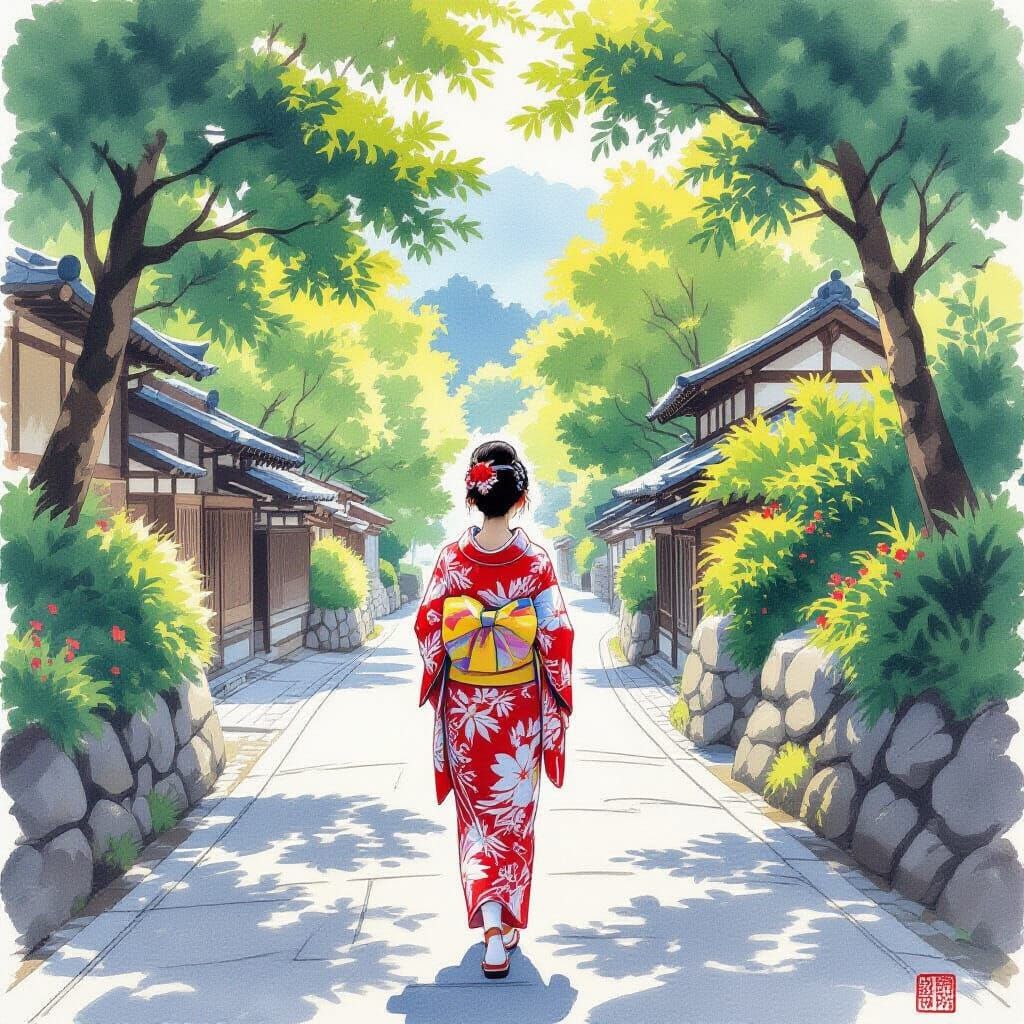 Woman Walks Tranquil Road in Ukiyo-e Style