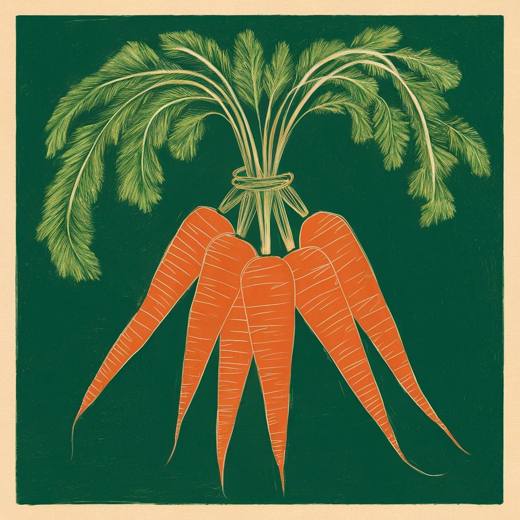 Vibrant Carrots in Stylized Woodcut Linocut Art