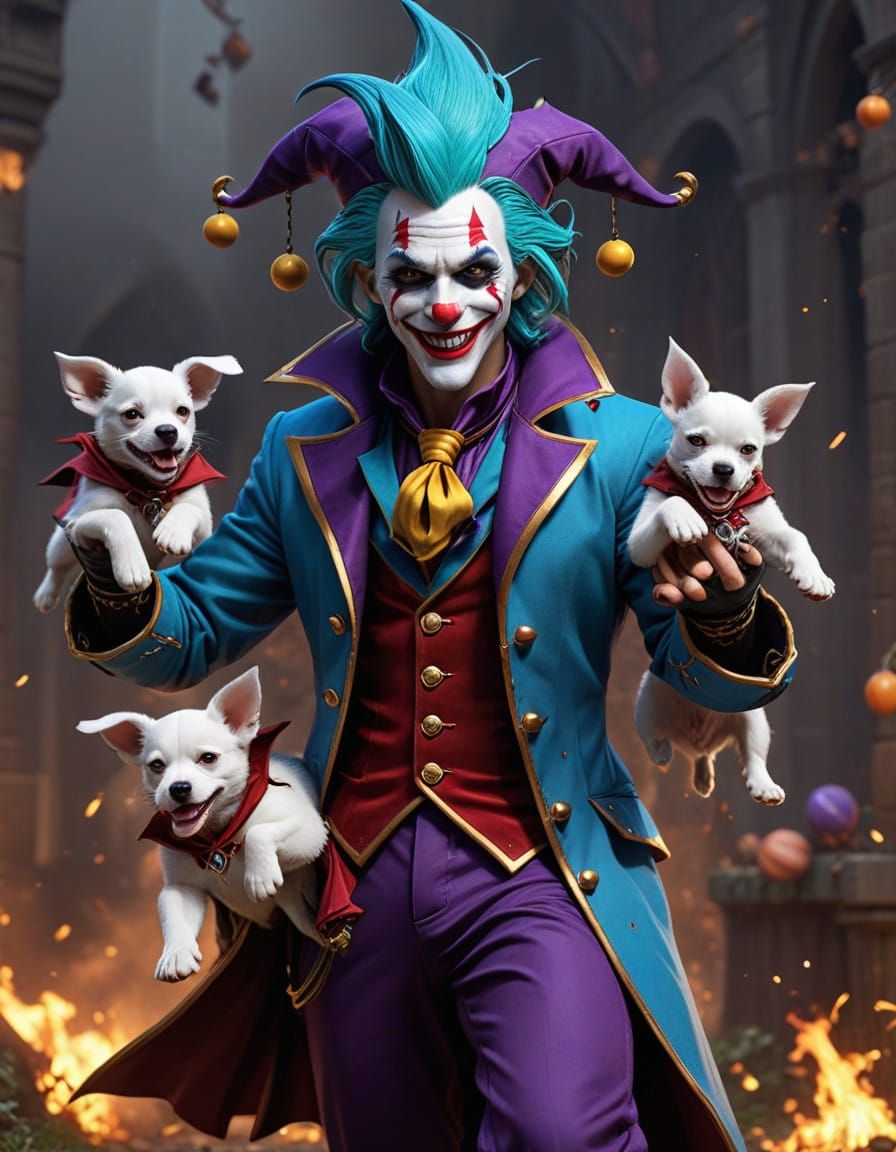 Medieval Jester Jinx Juggles Puppies in Dynamic Action Pose