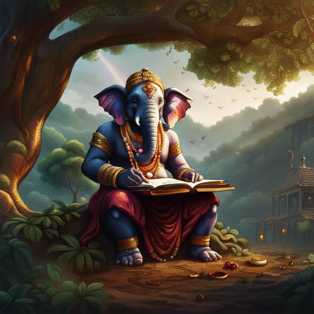 Atomic Elephant-Man Ganapati Writes Book: Fantasy Art