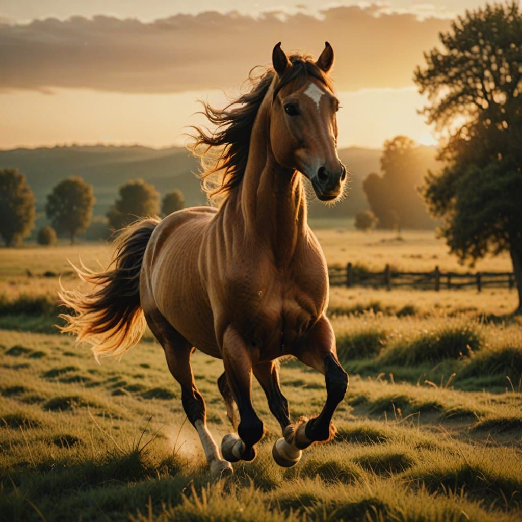 Golden Horse Gallops at Sunset: Cinematic Film Still