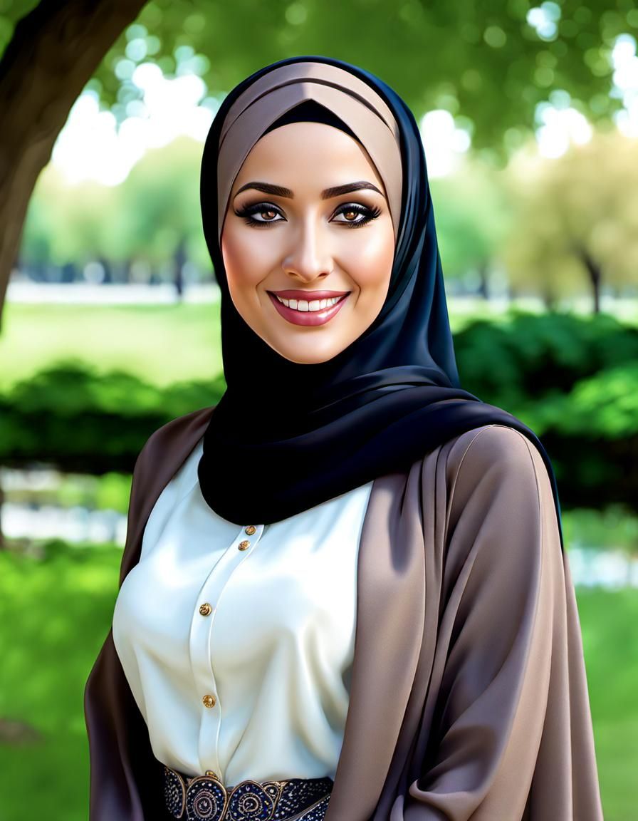 Smiling Hijabi Woman in Park, Realistic Detail