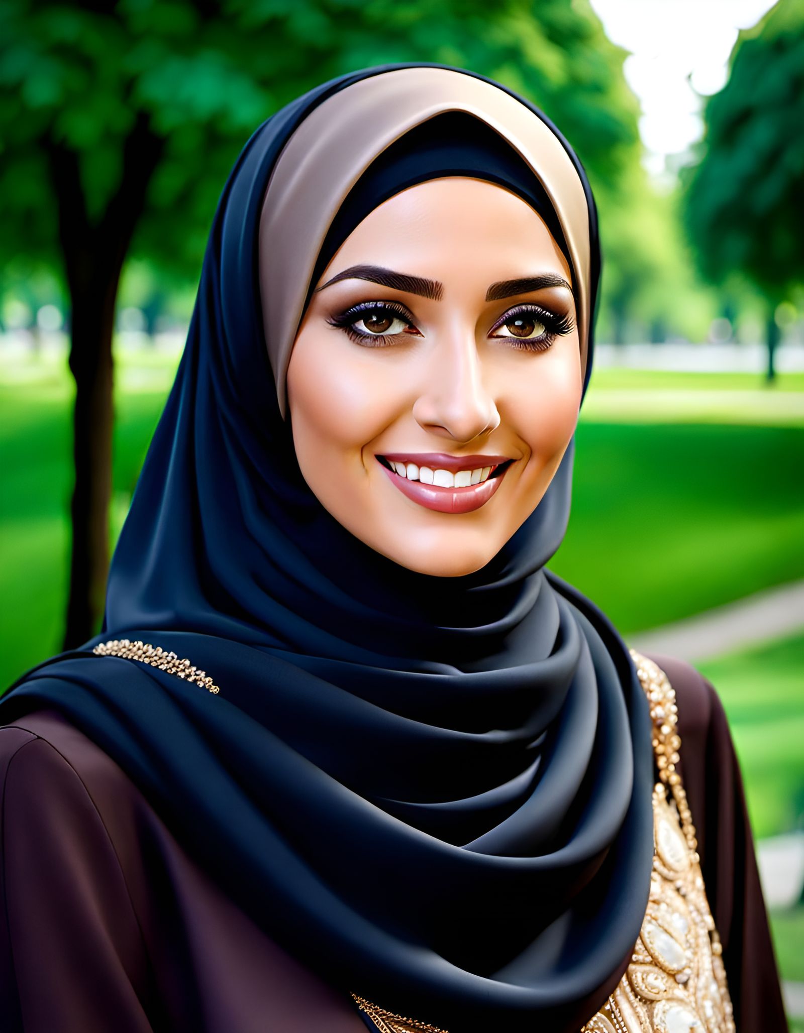 Elegant Hijabi Woman Smiling in Park