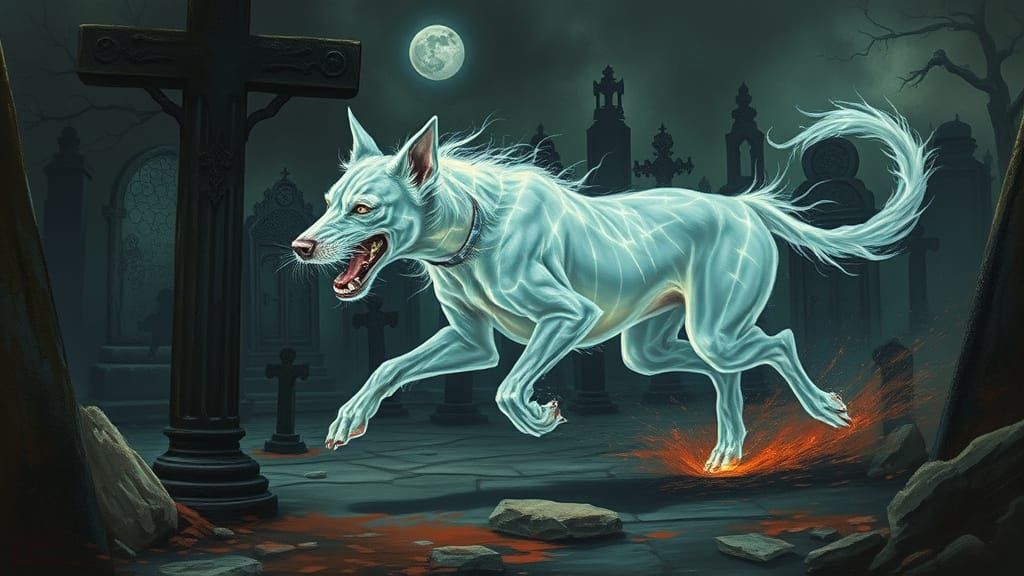 Ethereal Mastiff Runs Wild in Haunting Cemetery