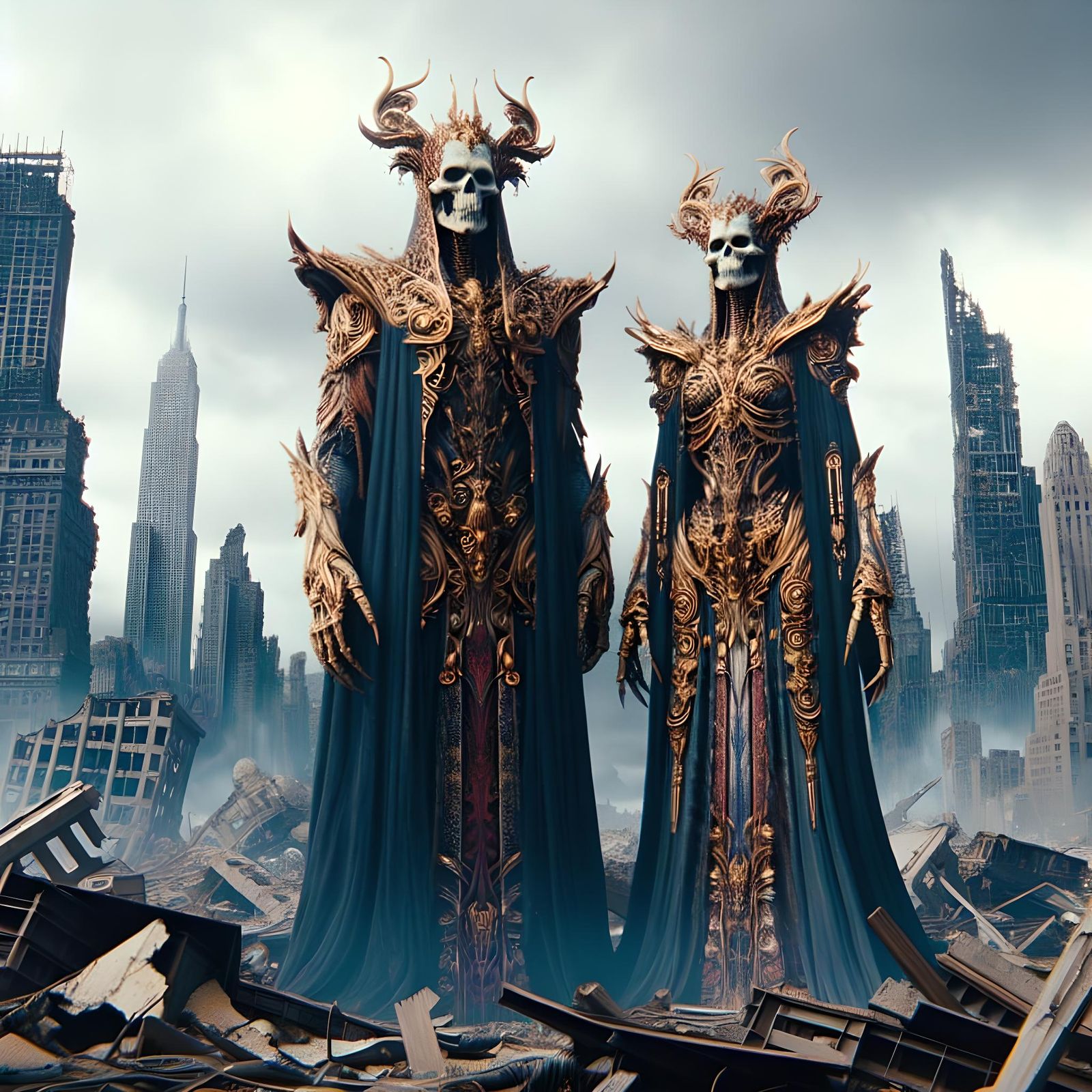 Skull-Headed Gods in Ruined New York, Realistic 4k