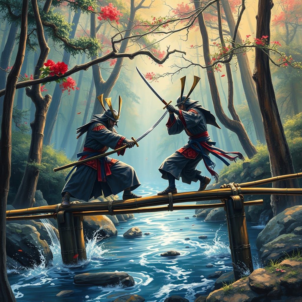 Samurai Clash on a Mystic Bamboo Bridge