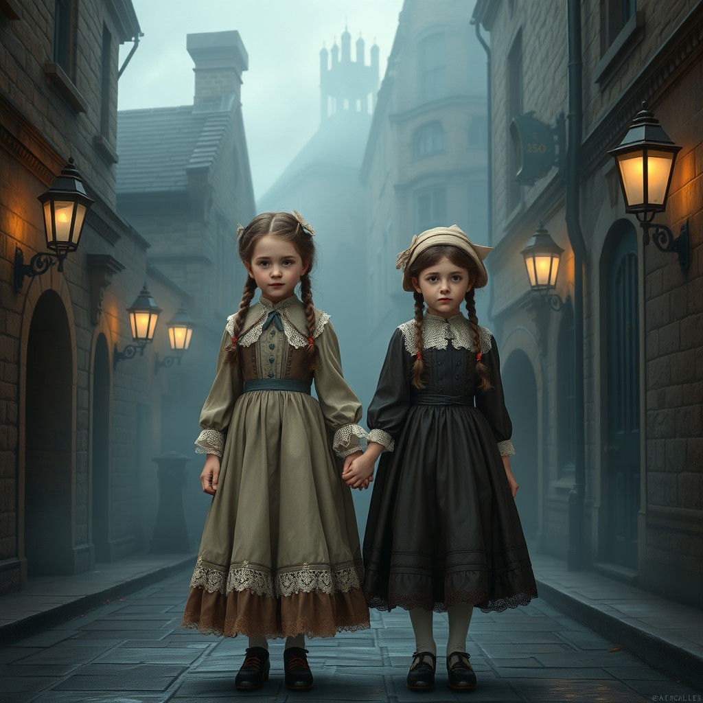 Victorian Girls in Foggy London Street, Matte Painting