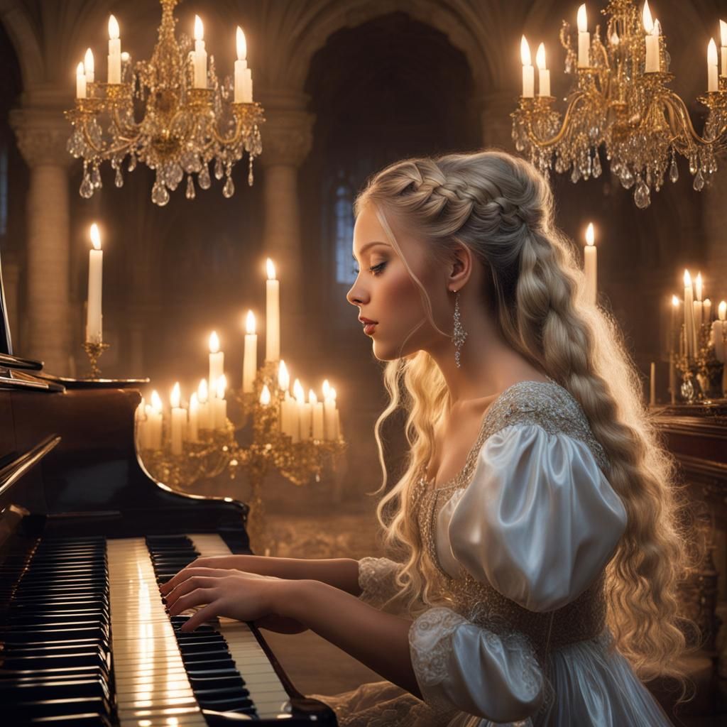 Hyperrealistic Princess Playing Piano in Candlelight