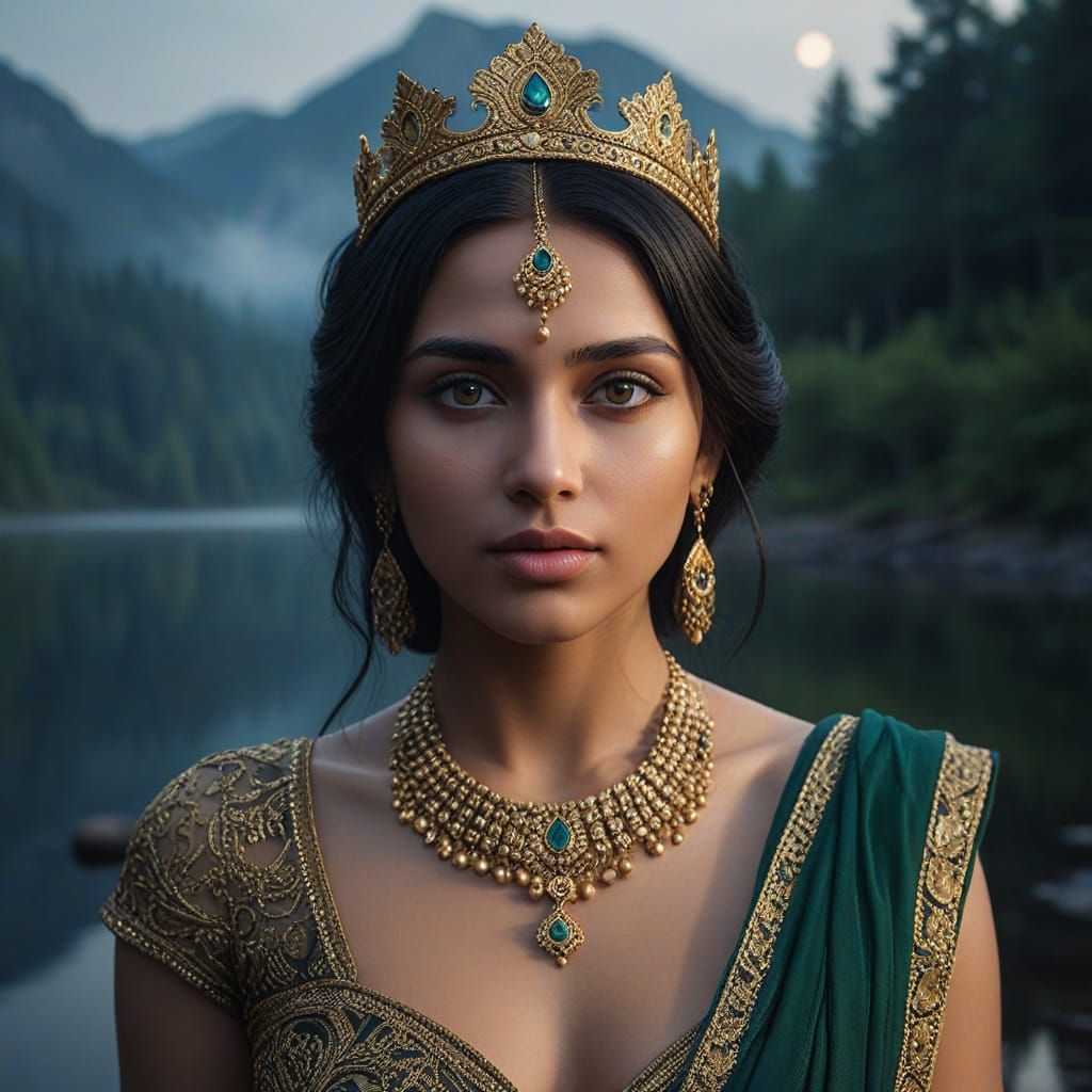 Indian Aphrodite in Mountain Lake: Fantasy Art