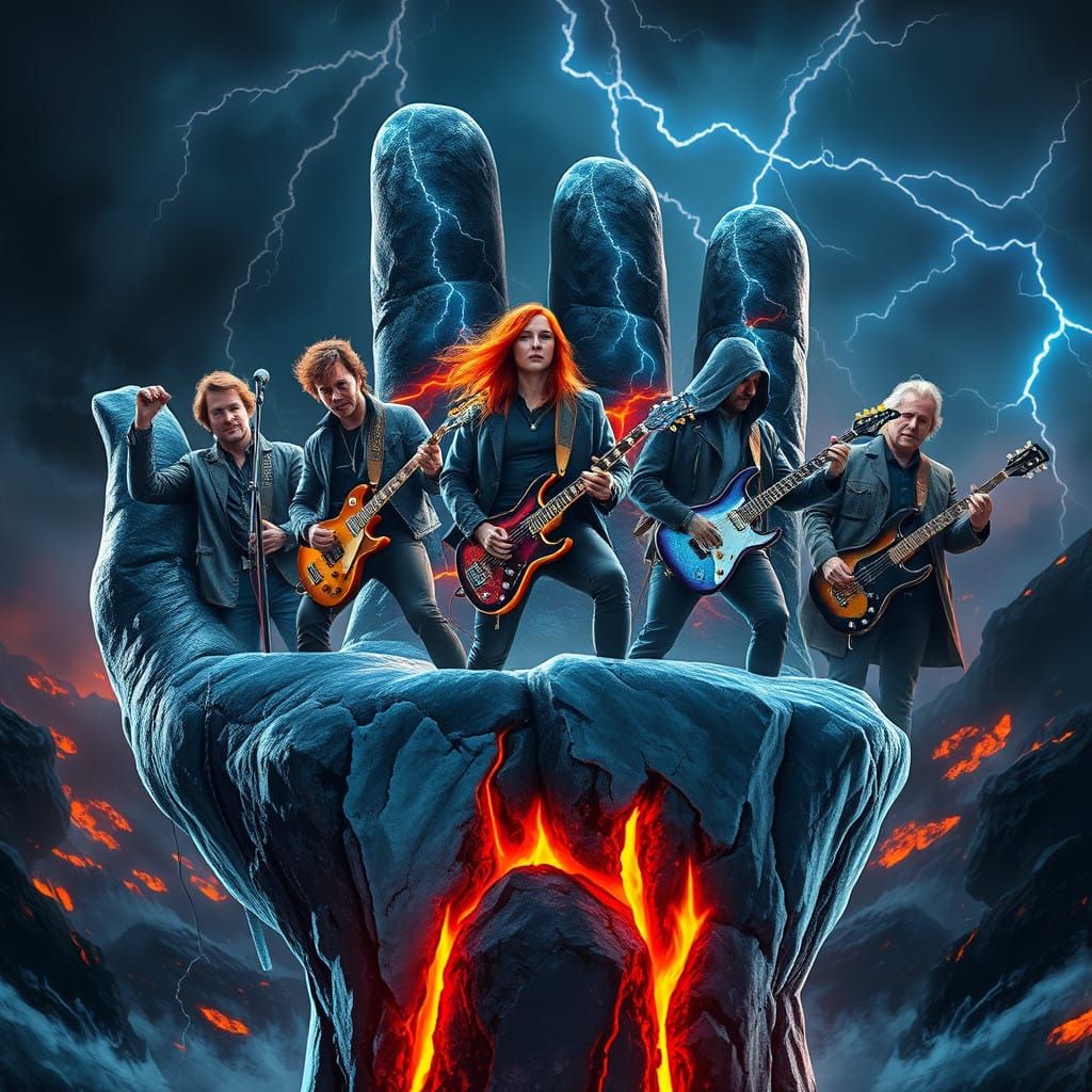 Glowing Rock Hand Cradles Thunderborne Band in Stormy Chaos