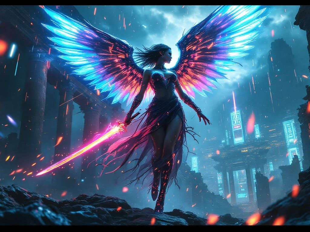 Cyberpunk Valkyrie Descends in Digital Storm