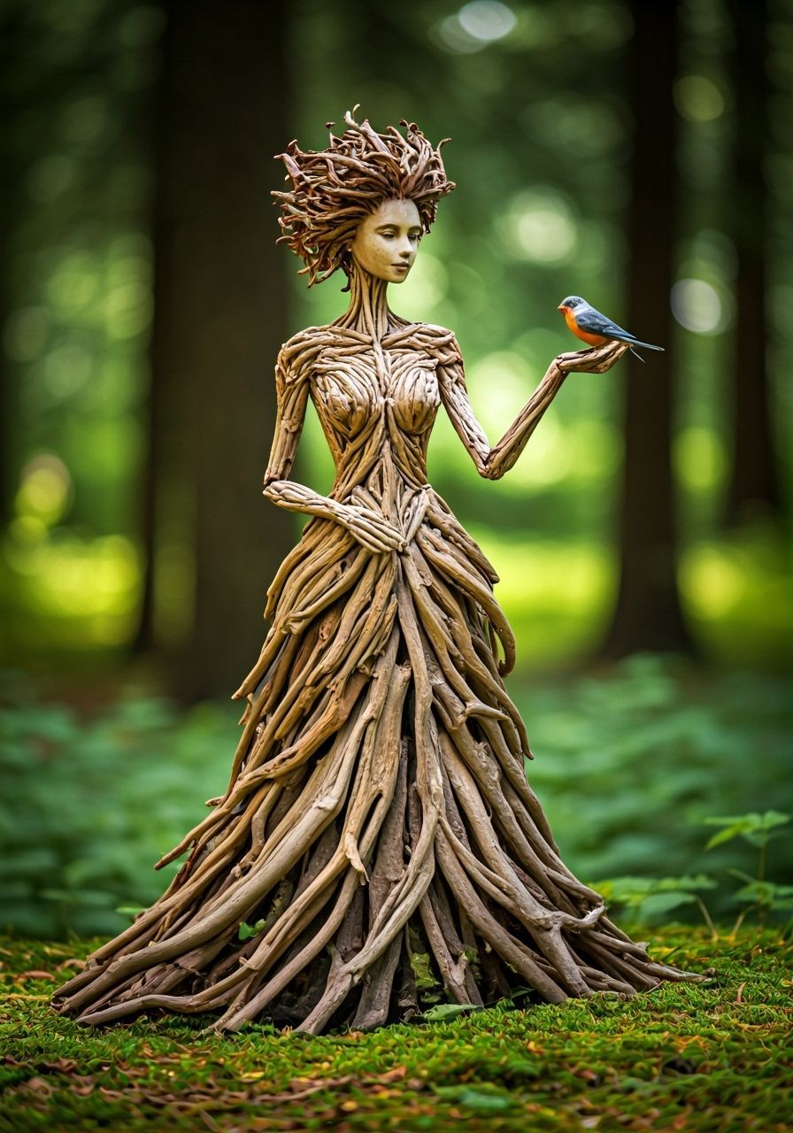 Photorealistic Dryad Sculpture in Enchanted Forest