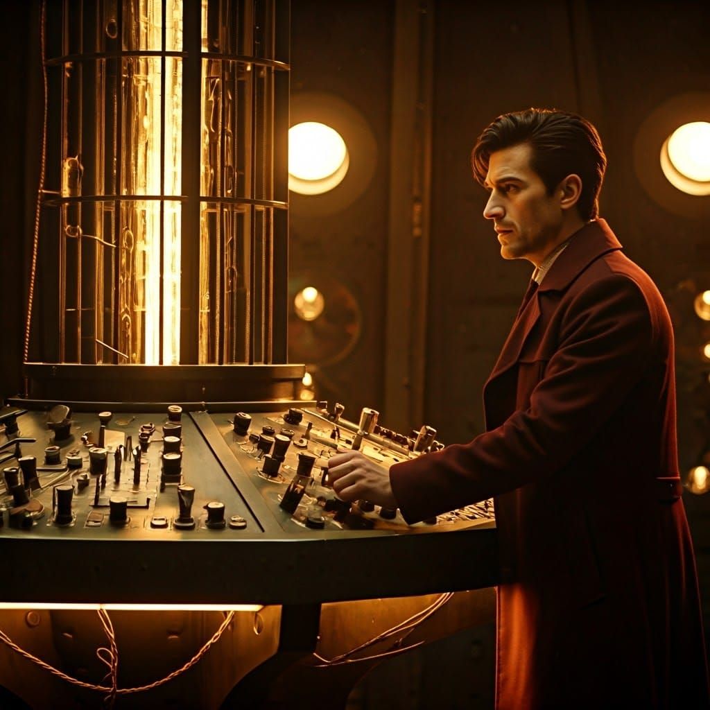 Intense TARDIS Console Operator in Dark, Cinematic Style