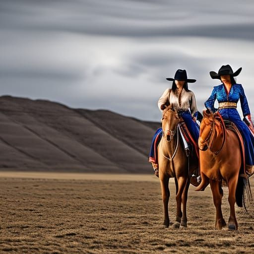 Asian Cowgirls Gunfight in Hyperrealistic Style