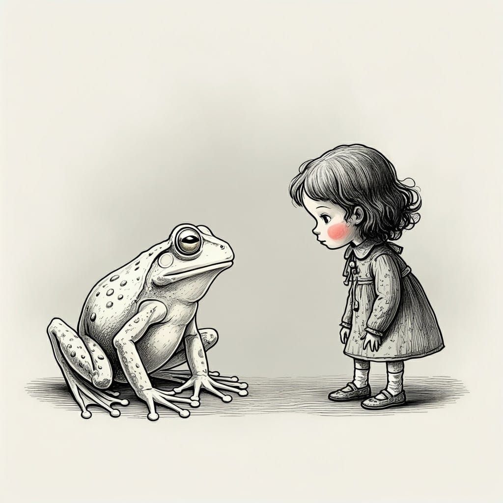 Frog and Girl Illustration in Children's Book Style