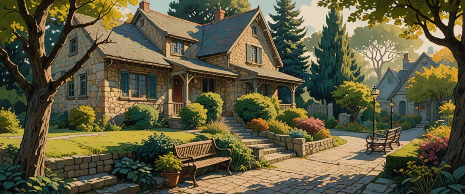 Quaint Village Scene in Watercolor Comic Book Style