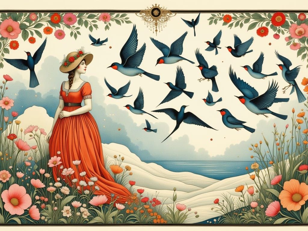 Whimsical Woman Soars with Birds in a Flowing Border Pattern