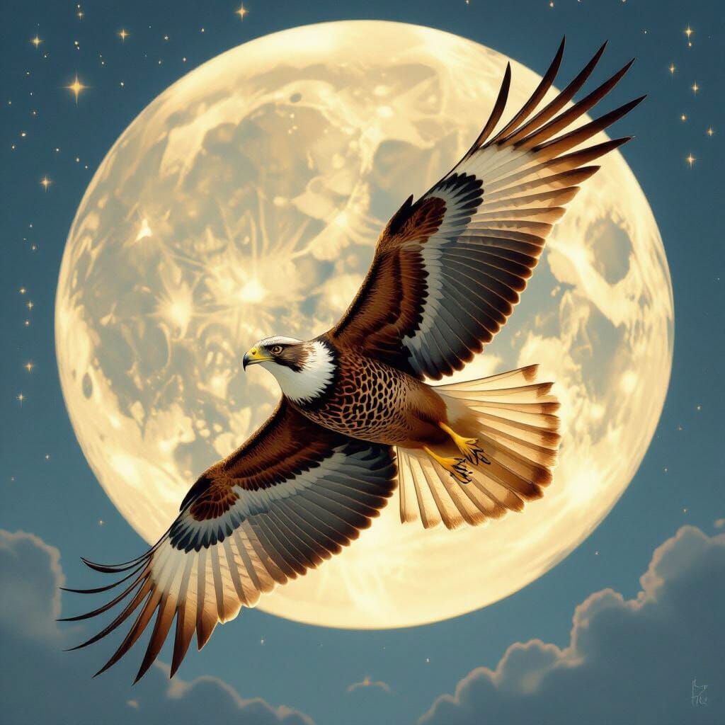Majestic Hawk Soaring Under Full Moon in Ethereal Style