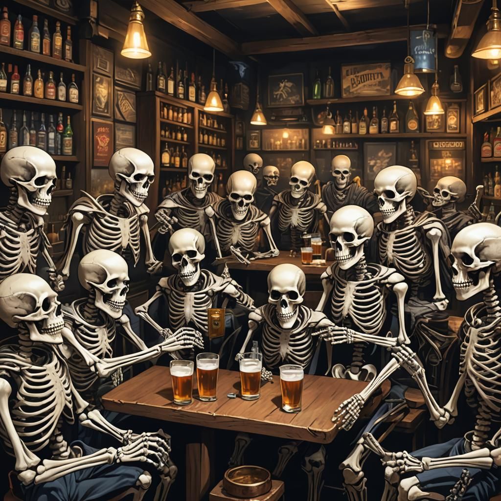 Warrior Skeletons Share Battle Tips at Bar