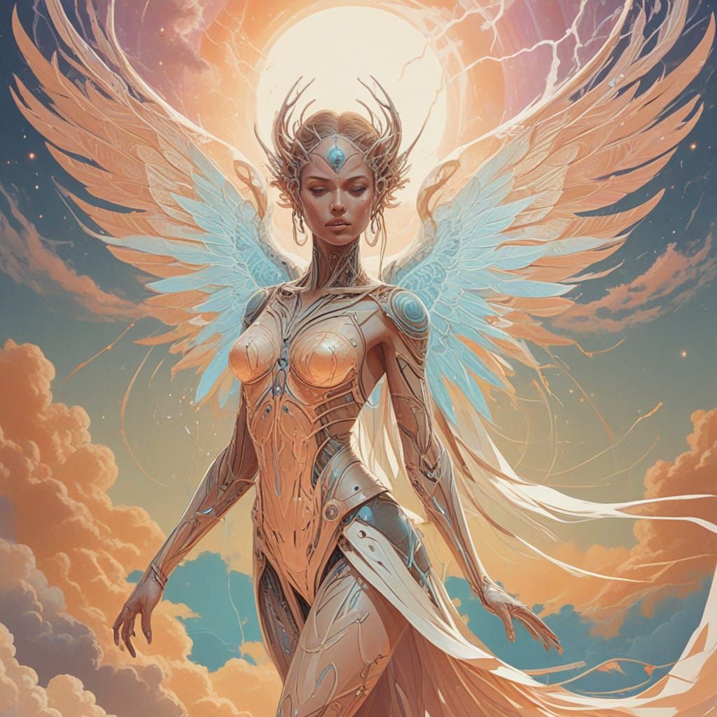 Serene Cyber Goddess with Neon Markings and Angel Wings