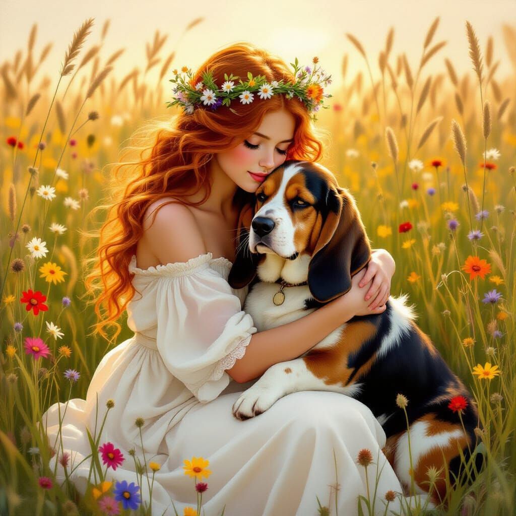 Girl with Hound in Sun-Drenched Meadow, Pre-Raphaelite Style