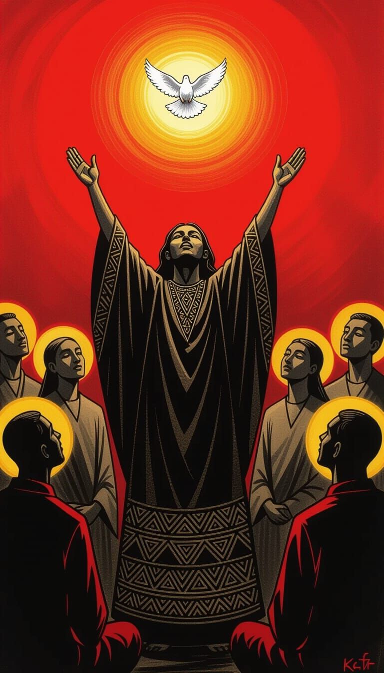 Spiritual Gathering Charcoal Drawing with Luminous Dove