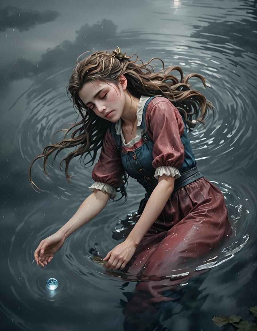 Aerith Asleep on Water: Muted Oil Painting
