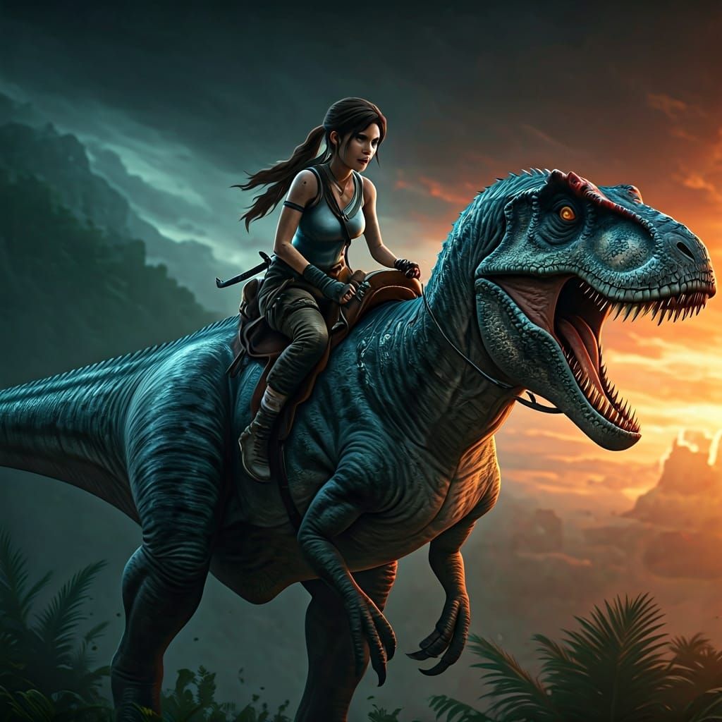 Lara Croft Rides a T-Rex in Hyperrealistic Film Still